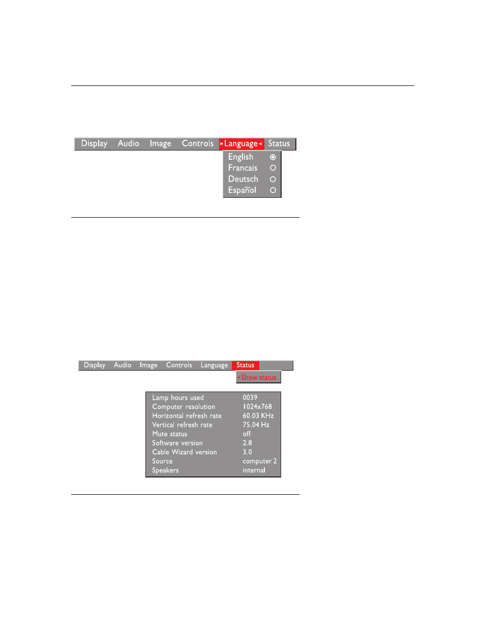 Heading2 - language menu, Heading2 - status menu, Language menu | Status menu | BOXLIGHT MP-350m User Manual | Page 40 / 69