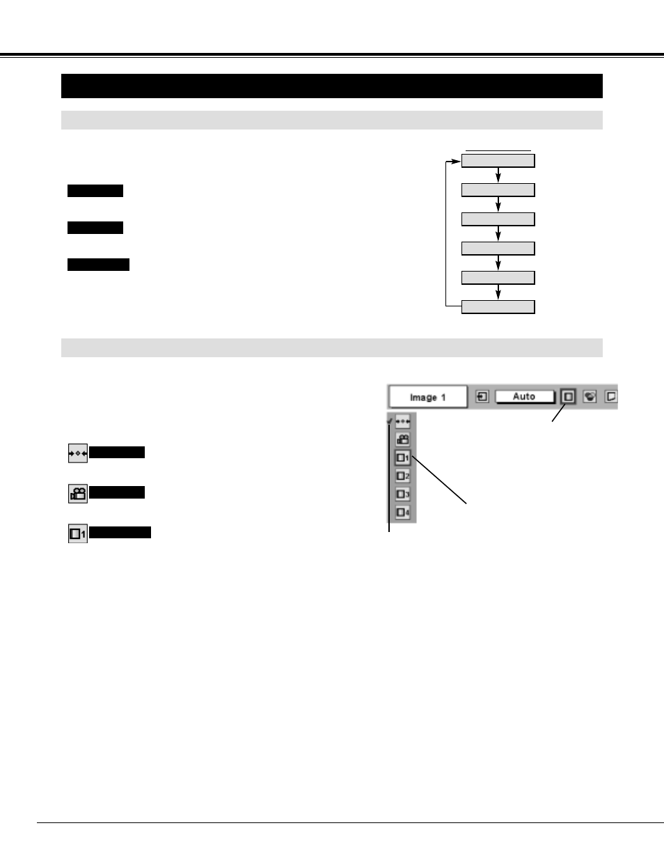 Picture image adjustments, Video input, Image level select (menu) | Image level select (direct) | BOXLIGHT MP-41t User Manual | Page 32 / 44