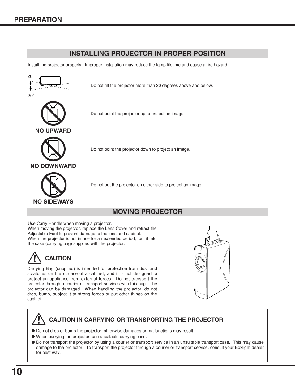 Preparation, Moving projector, Installing projector in proper position | BOXLIGHT CP-320t User Manual | Page 10 / 48