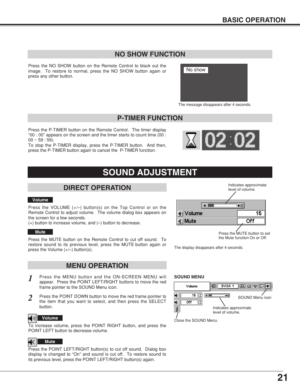 Sound adjustment, Basic operation, No show function | P-timer function, Direct operation menu operation | BOXLIGHT CP-320t User Manual | Page 21 / 48
