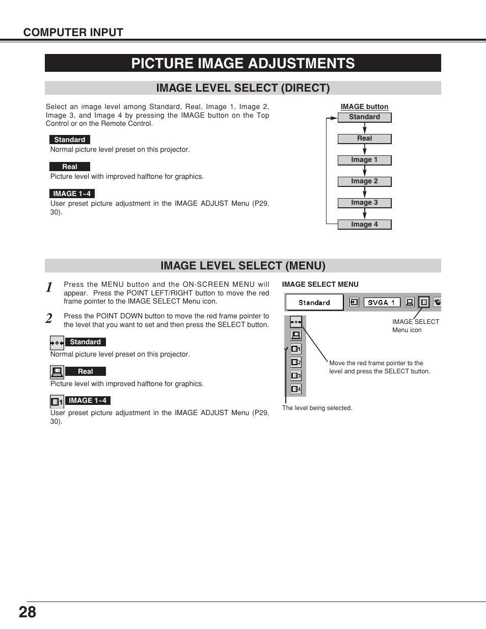 Picture image adjustments, Computer input, Image level select (menu) | Image level select (direct) | BOXLIGHT CP-320t User Manual | Page 28 / 48
