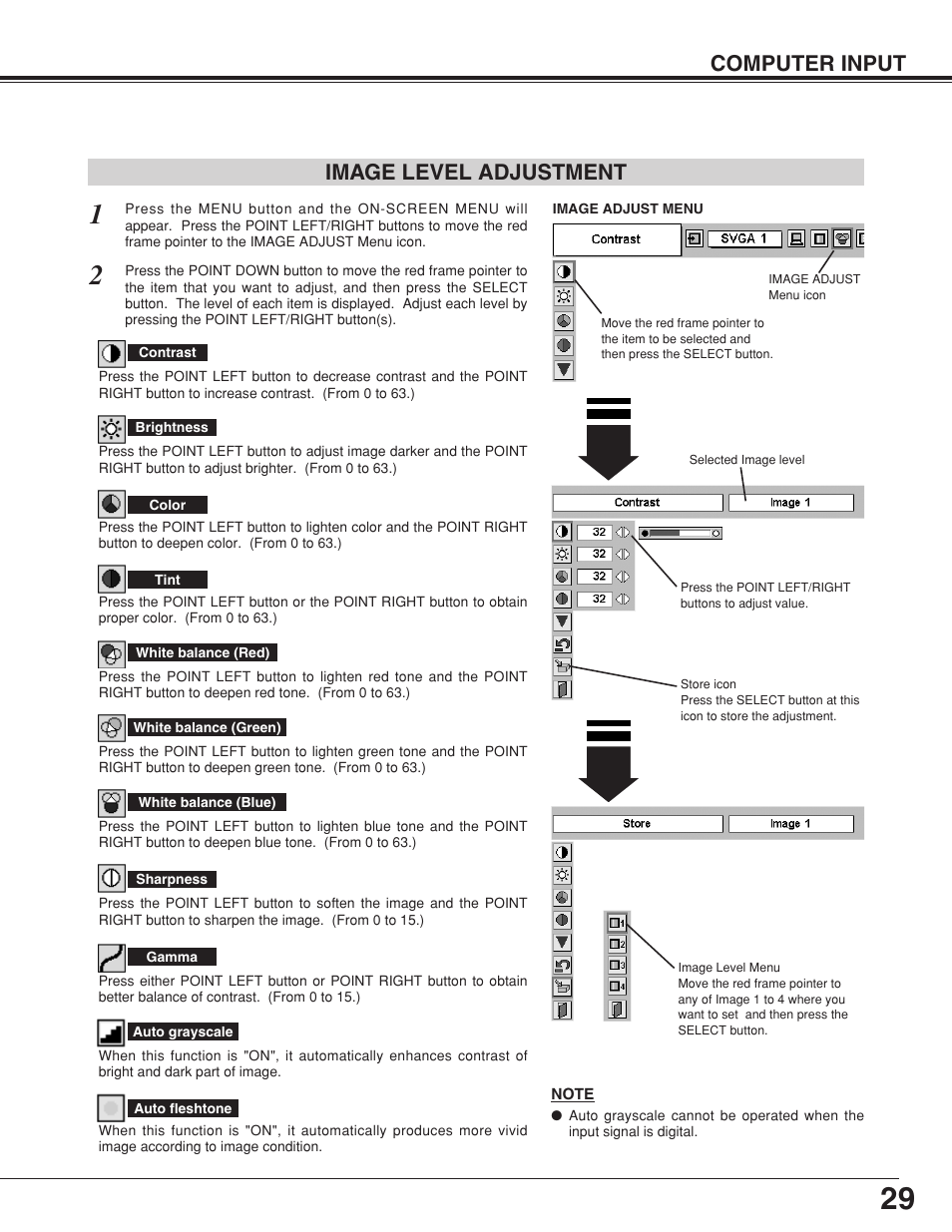 Computer input, Image level adjustment | BOXLIGHT CP-320t User Manual | Page 29 / 48