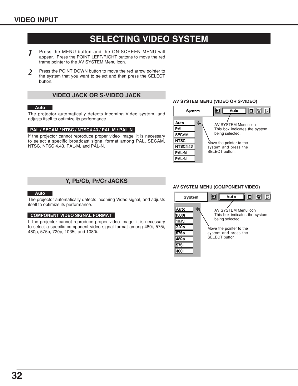 Selecting video system, Video input | BOXLIGHT CP-320t User Manual | Page 32 / 48