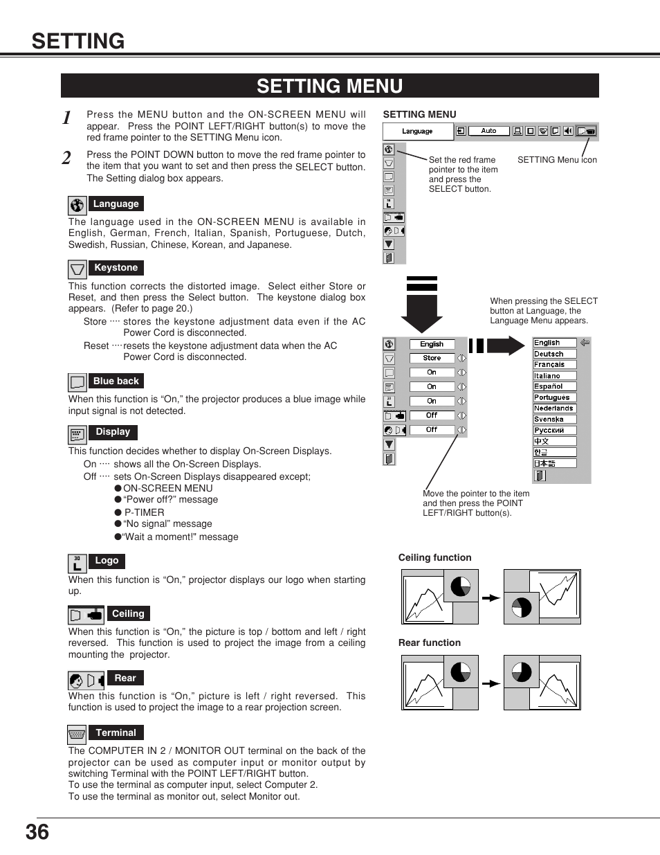 36 setting, Setting menu | BOXLIGHT CP-320t User Manual | Page 36 / 48