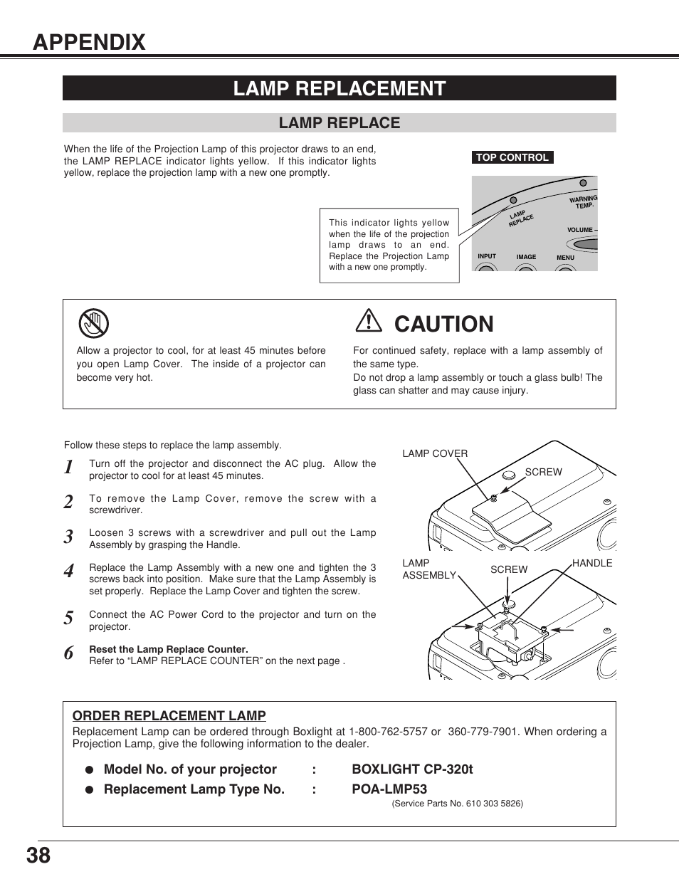 38 appendix, Caution, Lamp replacement | Lamp replace | BOXLIGHT CP-320t User Manual | Page 38 / 48