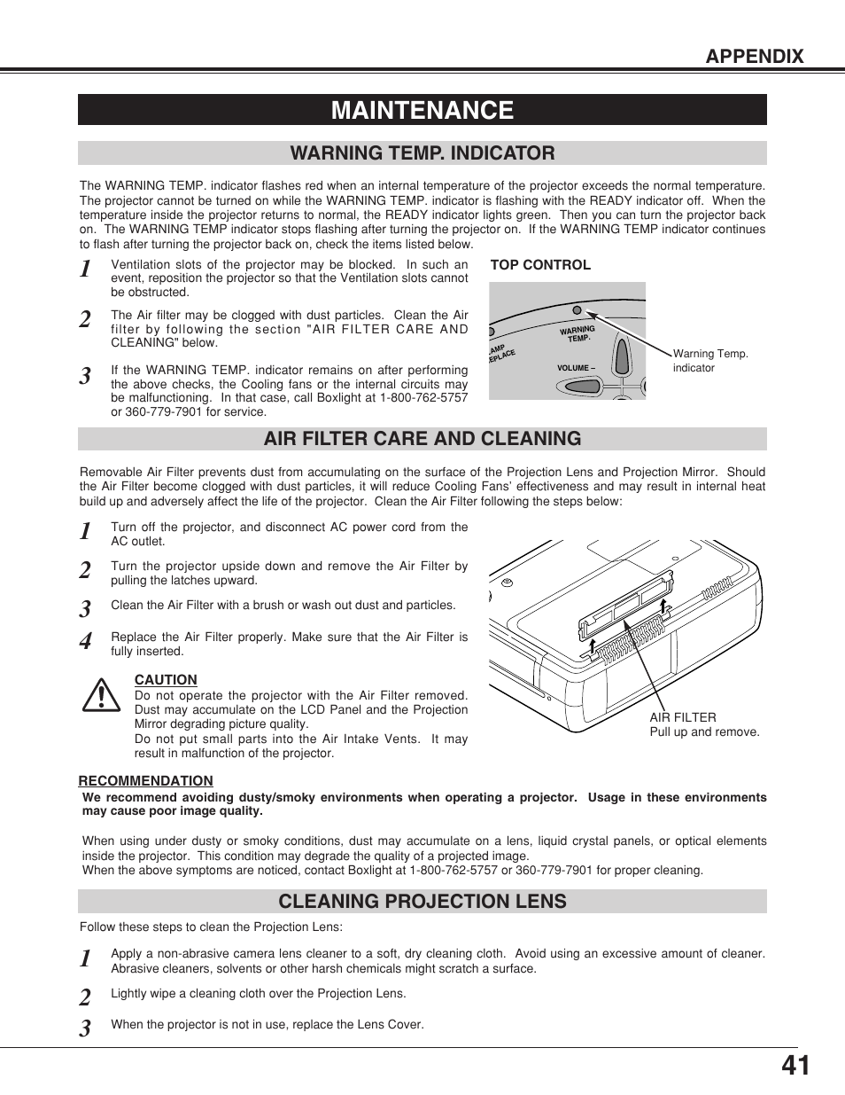 Maintenance, Appendix, Cleaning projection lens | BOXLIGHT CP-320t User Manual | Page 41 / 48