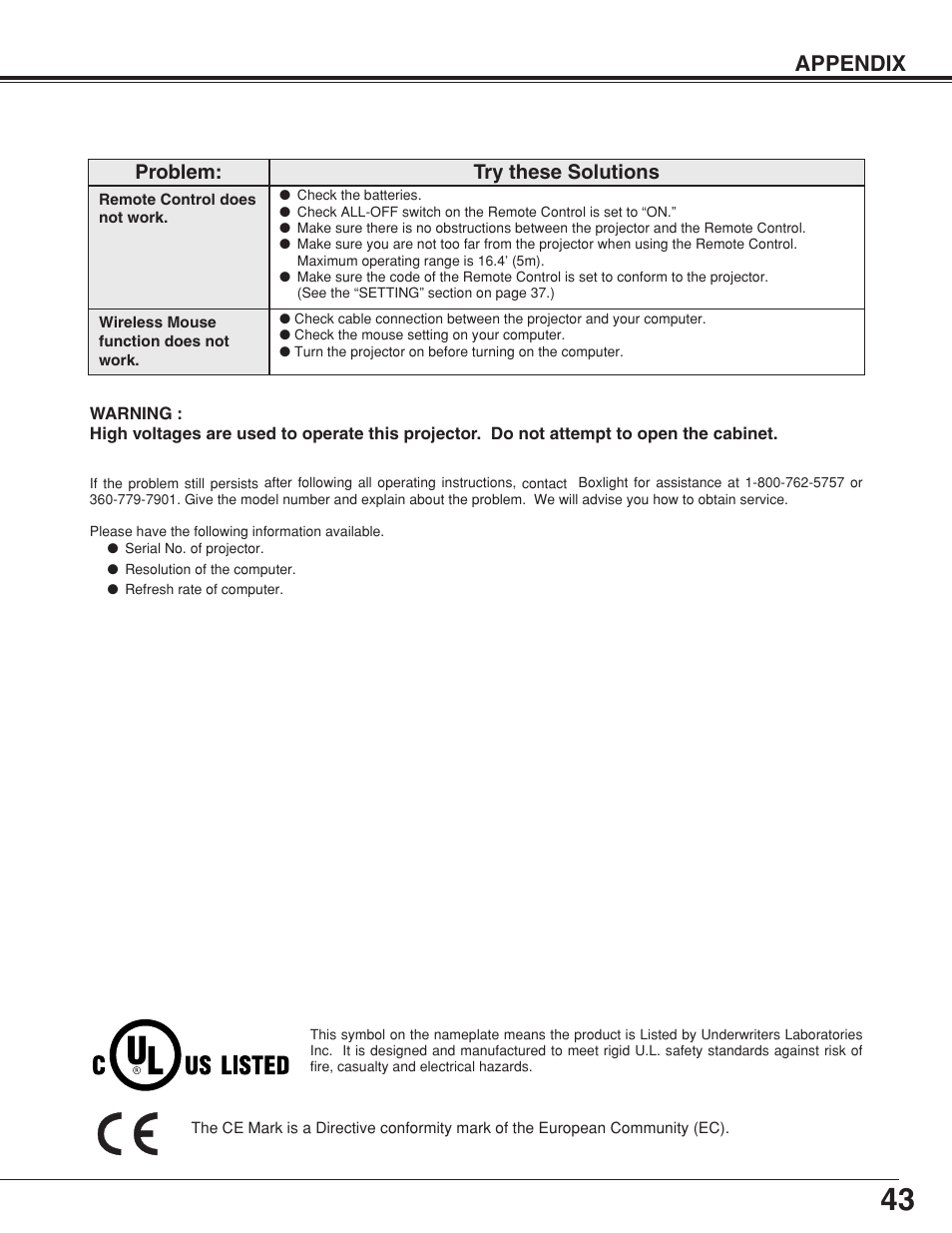 Appendix, Problem: try these solutions | BOXLIGHT CP-320t User Manual | Page 43 / 48