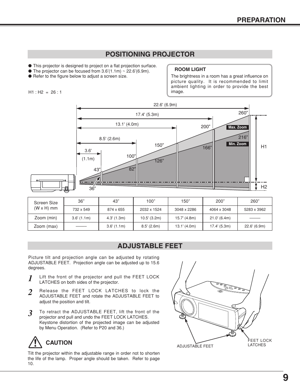 Preparation positioning projector adjustable feet | BOXLIGHT CP-320t User Manual | Page 9 / 48