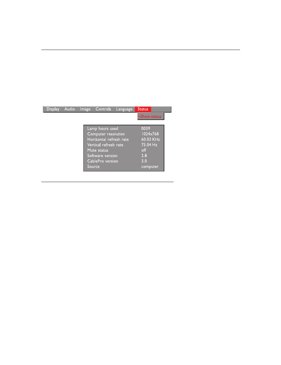 Heading2 - status menu, Status menu | BOXLIGHT CD-450m User Manual | Page 41 / 70