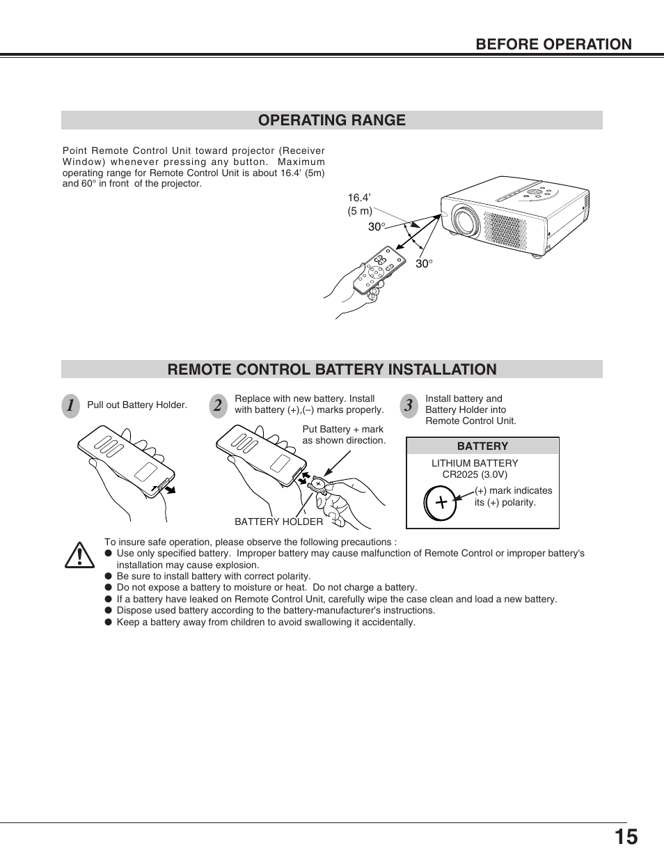 Before operation, Remote control battery installation, Operating range | BOXLIGHT SP-9t User Manual | Page 15 / 44
