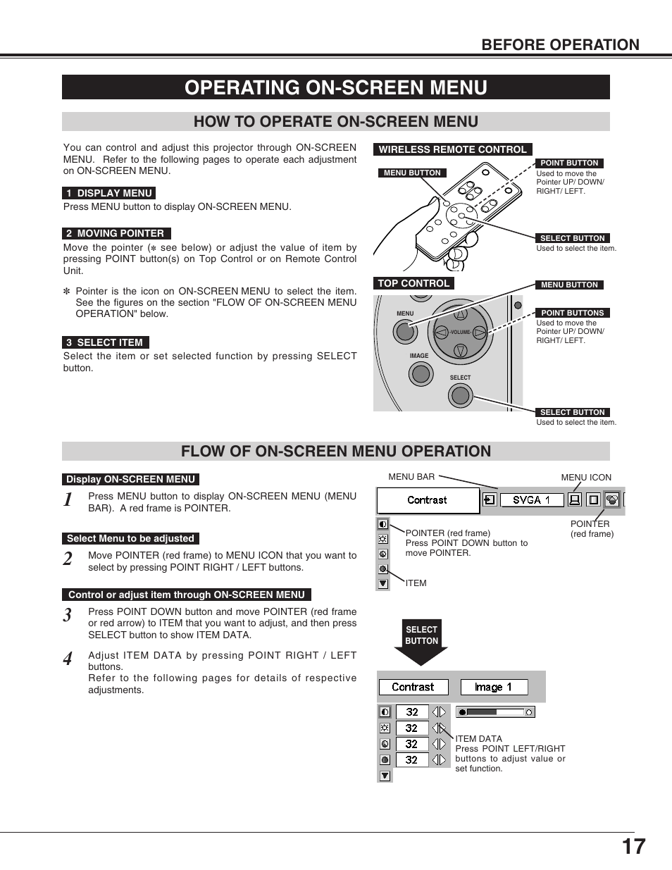 Operating on-screen menu | BOXLIGHT SP-9t User Manual | Page 17 / 44