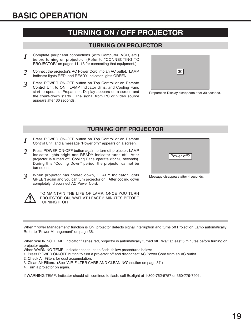 Basic operation, Turning on / off projector | BOXLIGHT SP-9t User Manual | Page 19 / 44