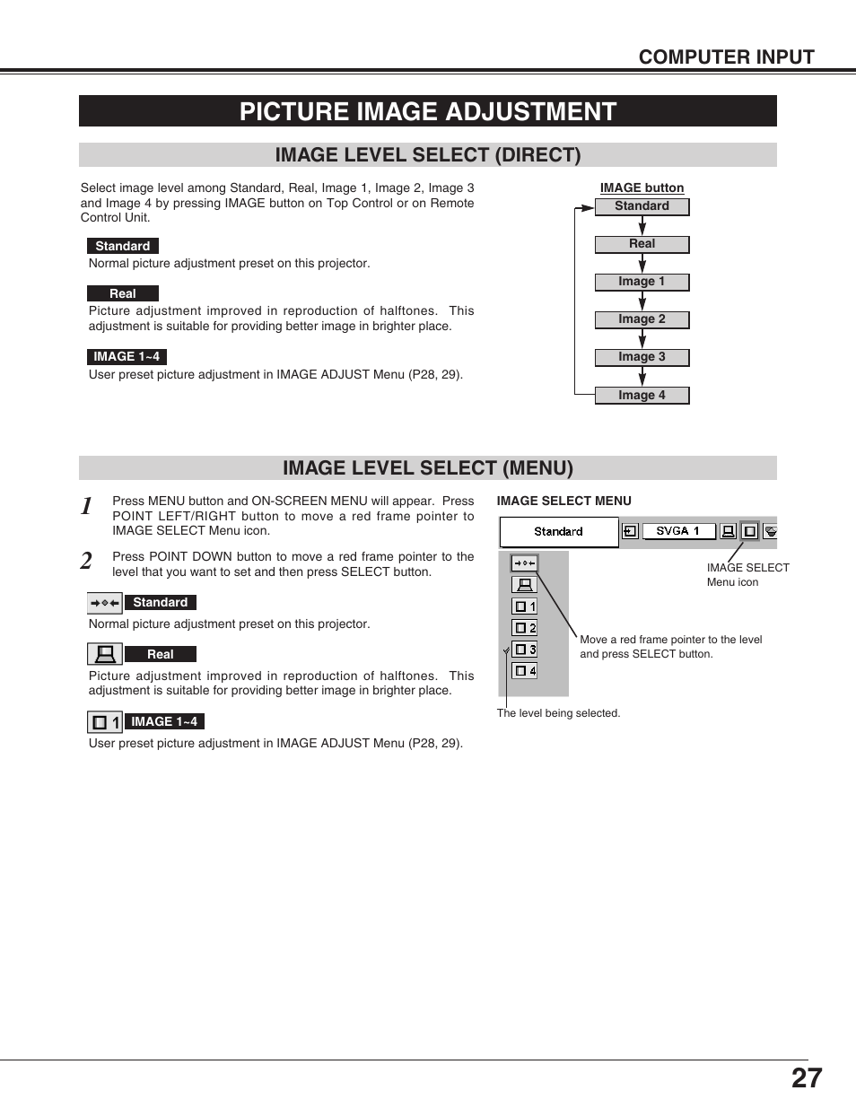 Picture image adjustment, Computer input, Image level select (menu) | Image level select (direct) | BOXLIGHT SP-9t User Manual | Page 27 / 44