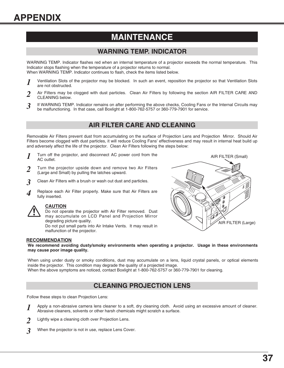 37 appendix, Maintenance | BOXLIGHT SP-9t User Manual | Page 37 / 44