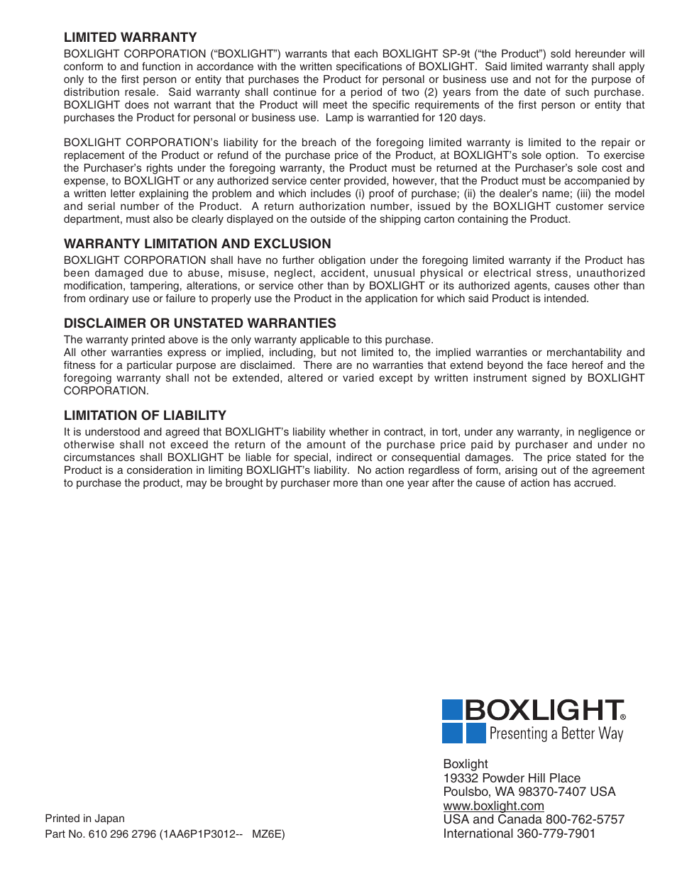 BOXLIGHT SP-9t User Manual | Page 44 / 44