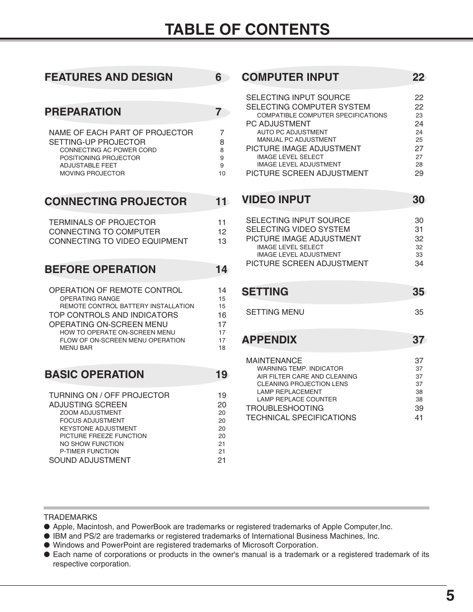 5table of contents, Connecting projector 11, Basic operation 19 | BOXLIGHT SP-9t User Manual | Page 5 / 44