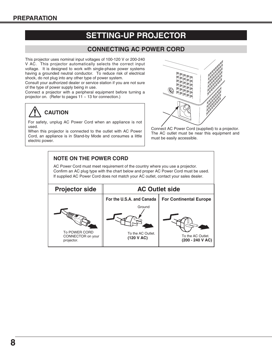 Setting-up projector, Preparation, Connecting ac power cord | Projector side ac outlet side | BOXLIGHT SP-9t User Manual | Page 8 / 44