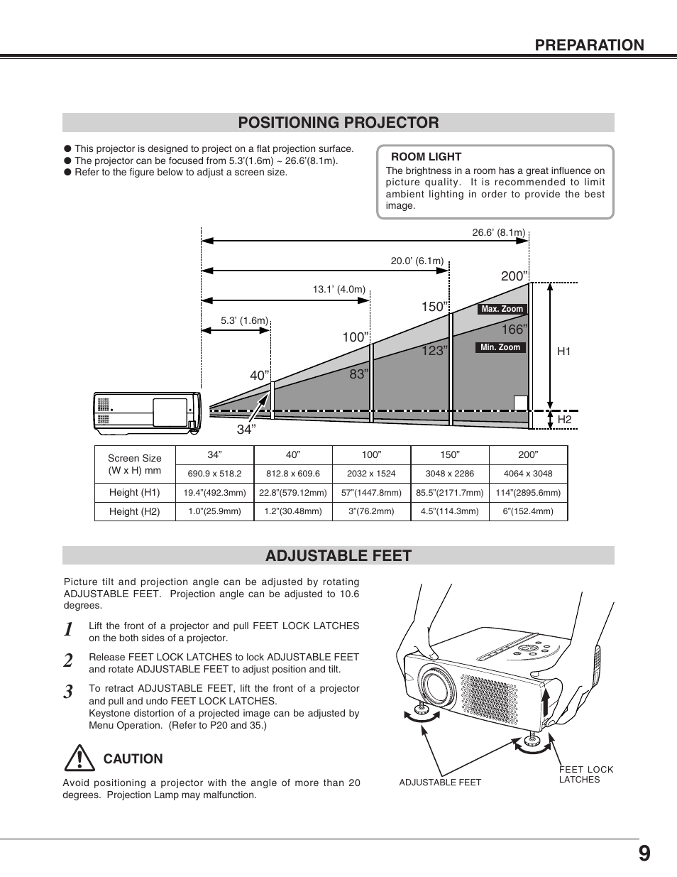 Preparation positioning projector, Adjustable feet | BOXLIGHT SP-9t User Manual | Page 9 / 44