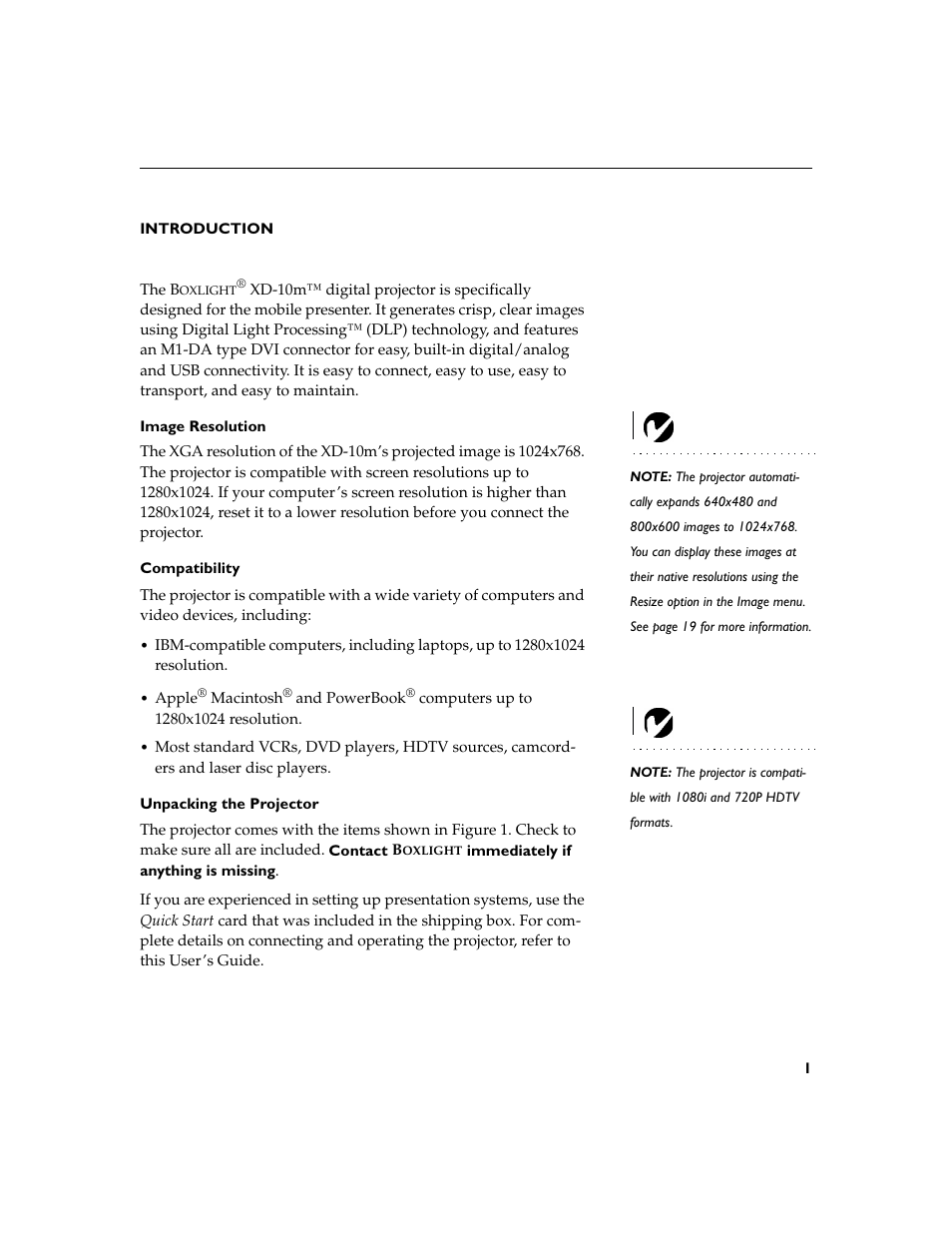 Heading1 - introduction, Heading2 - image resolution, Heading2 - compatibility | Heading2 - unpacking the projector, Introduction 1 image resolution, Compatibility 1 unpacking the projector | BOXLIGHT XD-10m User Manual | Page 9 / 58
