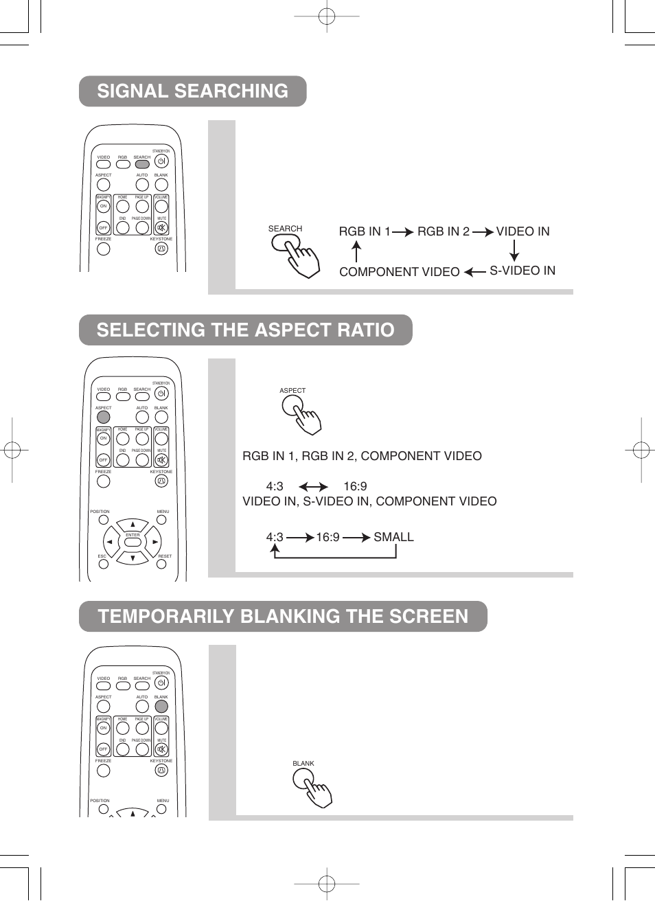 Press the search button, Press the aspect button, Press the blank button | BOXLIGHT CP-322i User Manual | Page 23 / 54