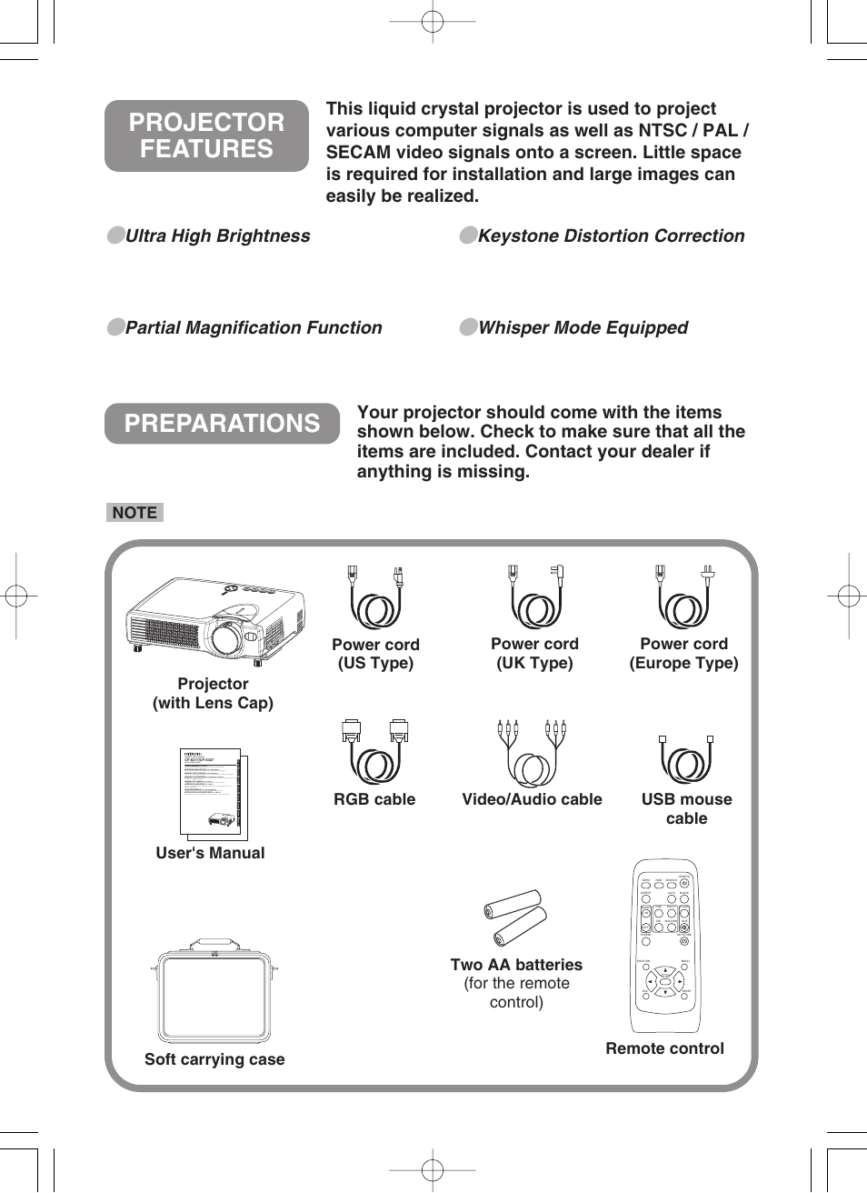 Preparations, Projector features, Ultra high brightness | Partial magnification function, Keystone distortion correction, Whisper mode equipped, Projector (with lens cap) | BOXLIGHT CP-322i User Manual | Page 3 / 54