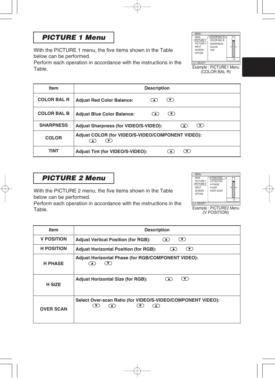 Picture 1 menu picture 2 menu, Picture1 menu, 3picture2 menu | BOXLIGHT CP-322i User Manual | Page 33 / 54