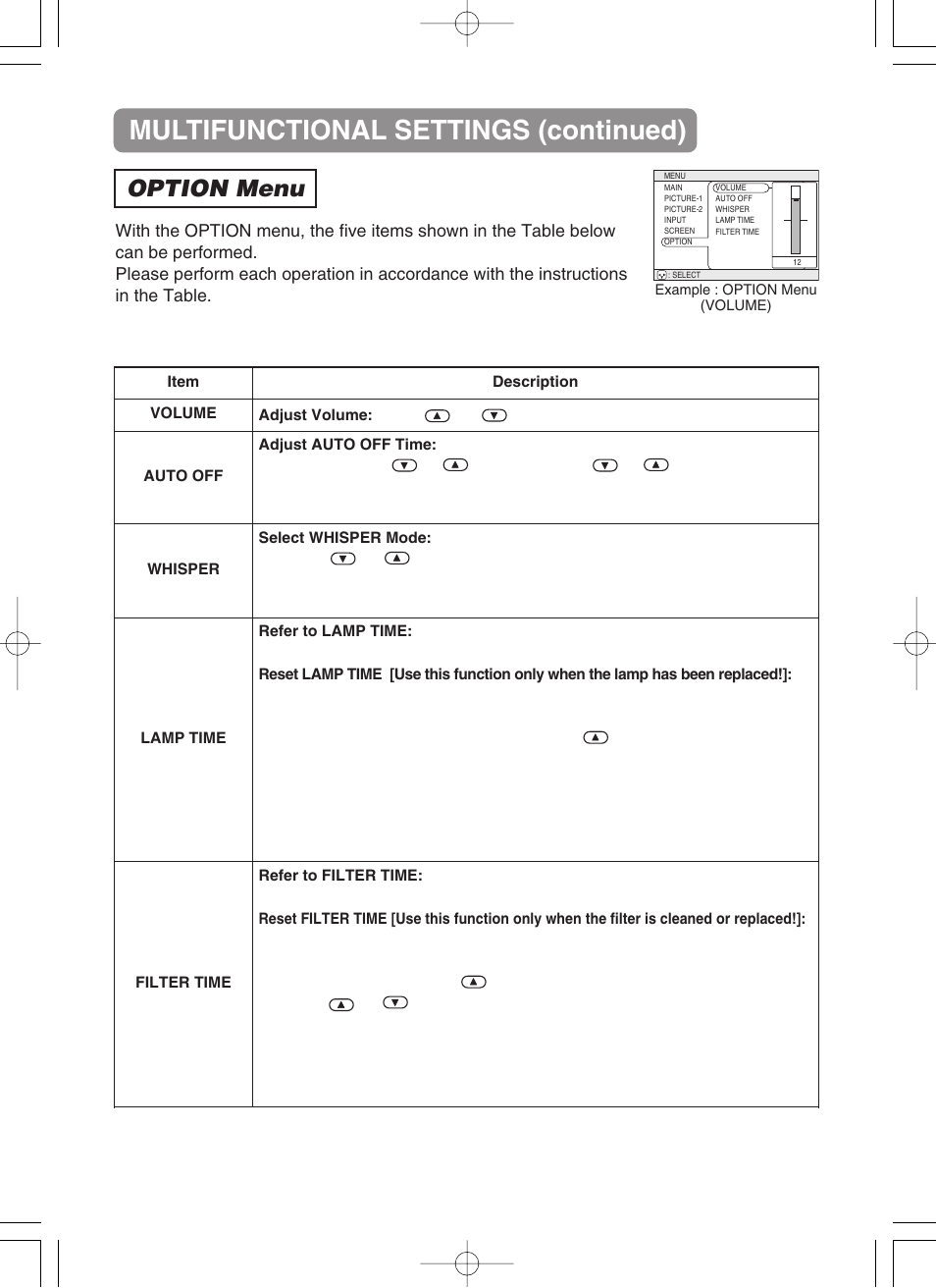 Multifunctional settings (continued), Option menu | BOXLIGHT CP-322i User Manual | Page 36 / 54