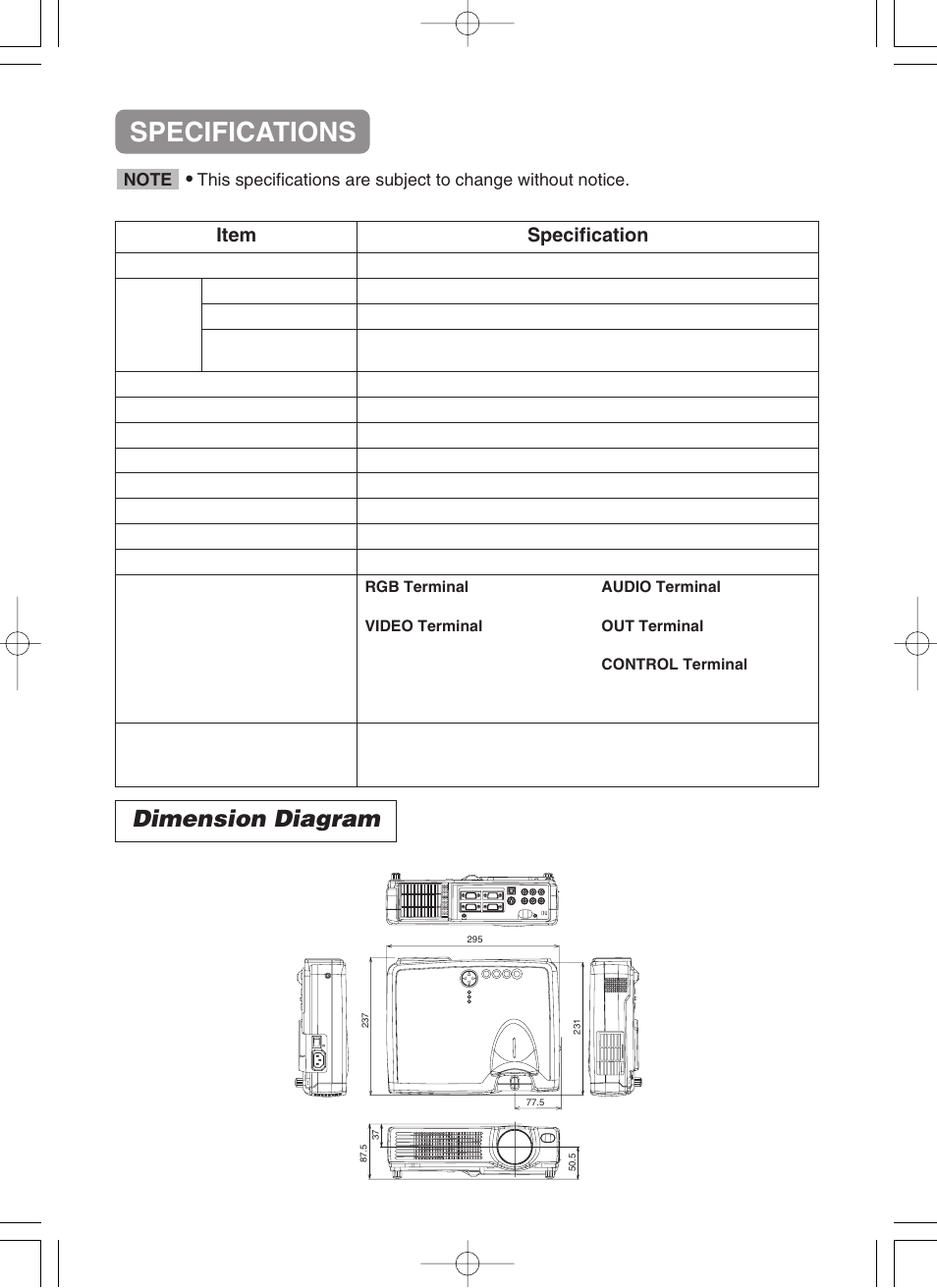 Specifications, Dimension diagram, Item specification | BOXLIGHT CP-322i User Manual | Page 40 / 54