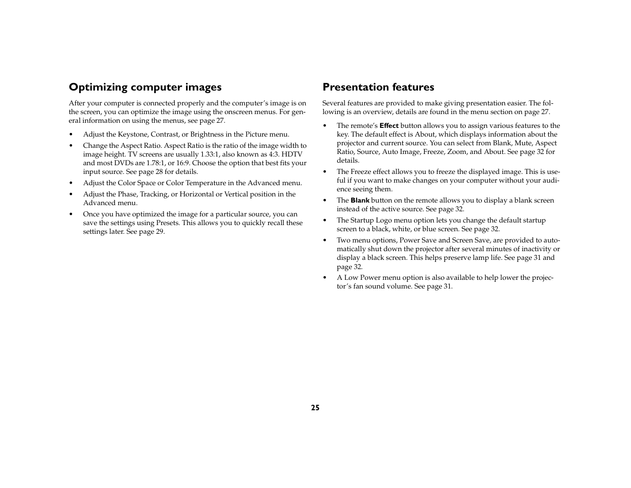 Optimizing computer images, Presentation features | BOXLIGHT CD-850m User Manual | Page 26 / 45