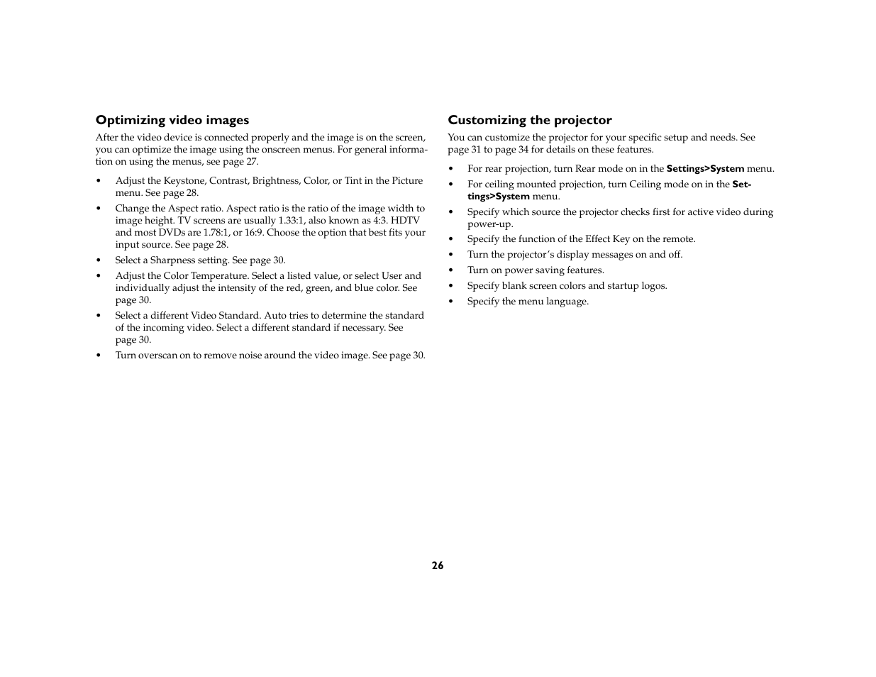 Optimizing video images, Customizing the projector | BOXLIGHT CD-850m User Manual | Page 27 / 45