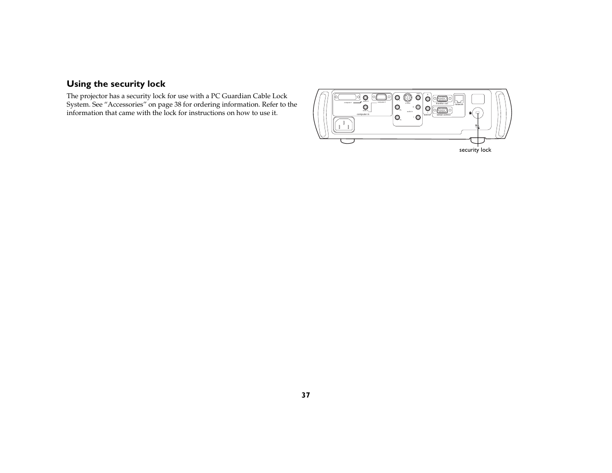 Using the security lock, Security lock | BOXLIGHT CD-850m User Manual | Page 38 / 45