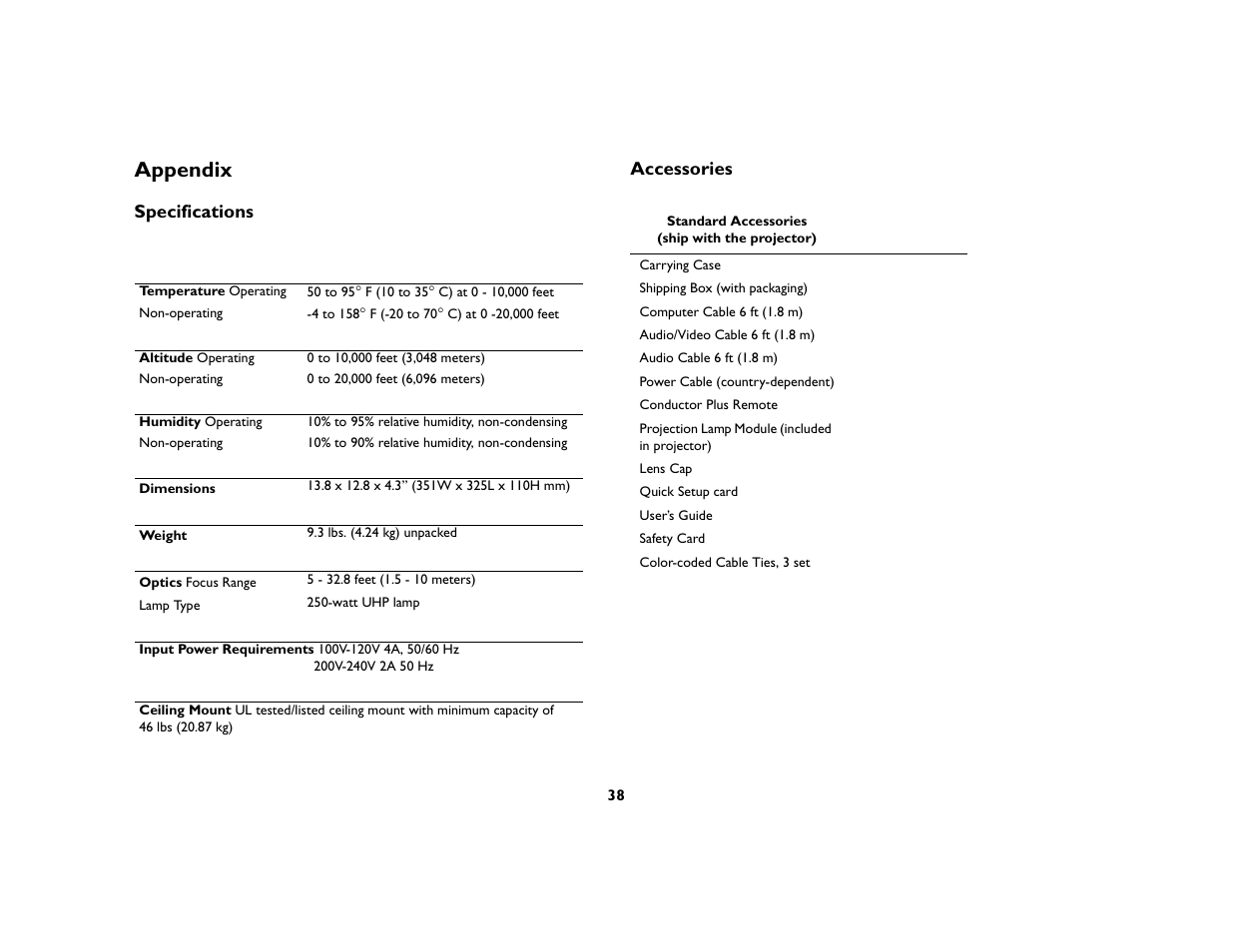 Appendix, Specifications accessories | BOXLIGHT CD-850m User Manual | Page 39 / 45
