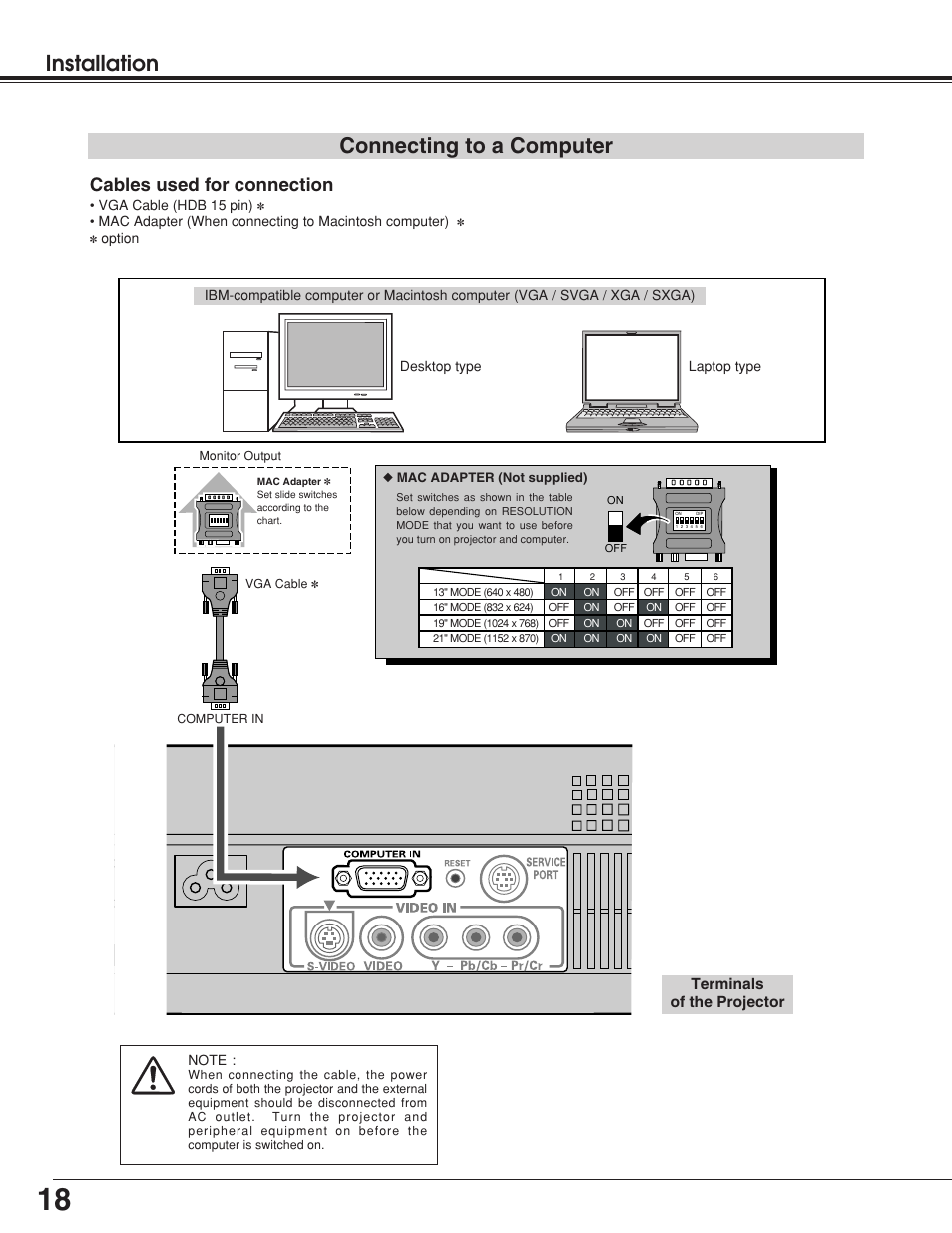 Installation, Connecting to a computer, Cables used for connection | Terminals of the projector | BOXLIGHT Matinee 1HD User Manual | Page 18 / 52