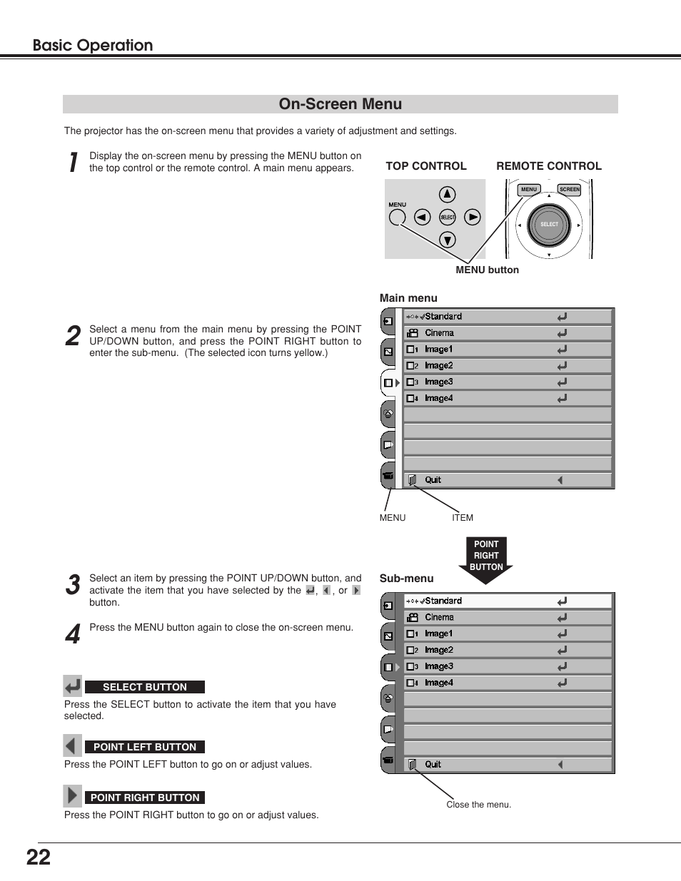 Basic operation on-screen menu | BOXLIGHT Matinee 1HD User Manual | Page 22 / 52