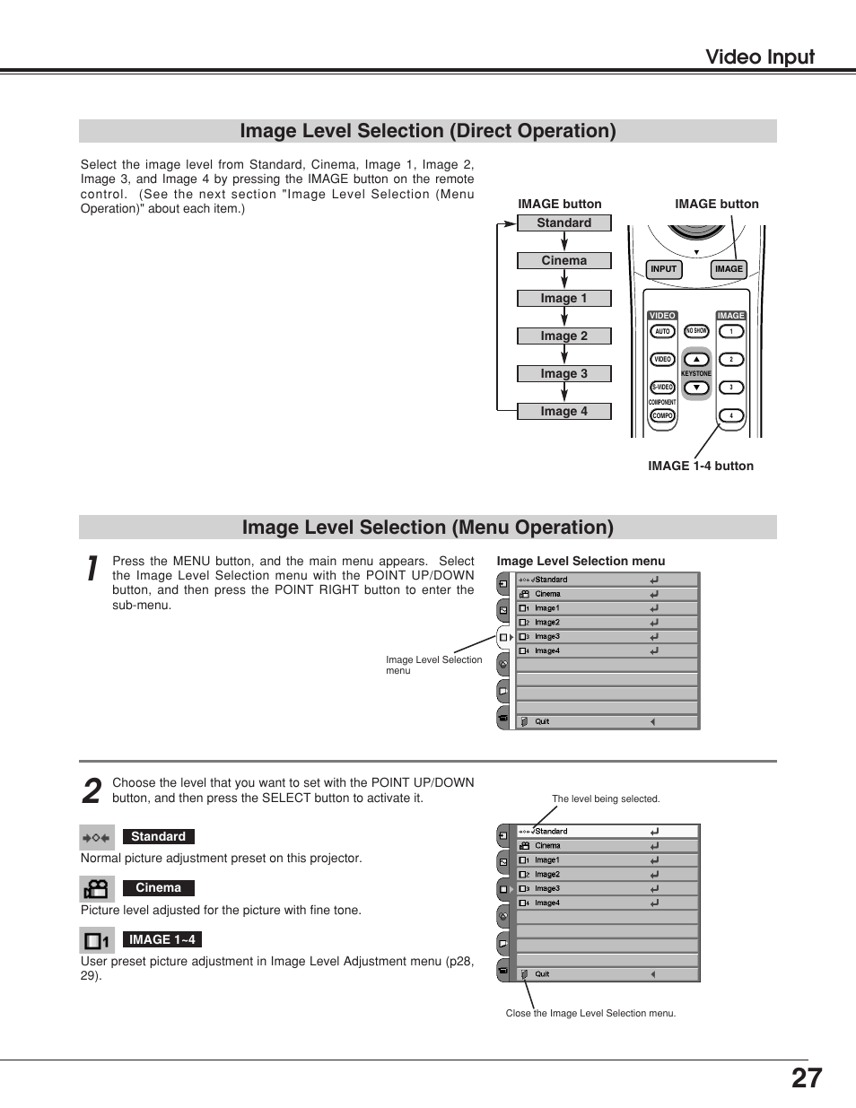 Video input image level selection (menu operation), Image level selection (direct operation) | BOXLIGHT Matinee 1HD User Manual | Page 27 / 52
