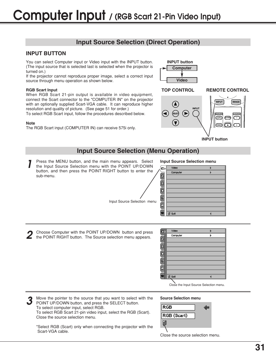 Computer input, Rgb scart 21-pin video input), Input source selection (menu operation) | Input source selection (direct operation), Input button | BOXLIGHT Matinee 1HD User Manual | Page 31 / 52