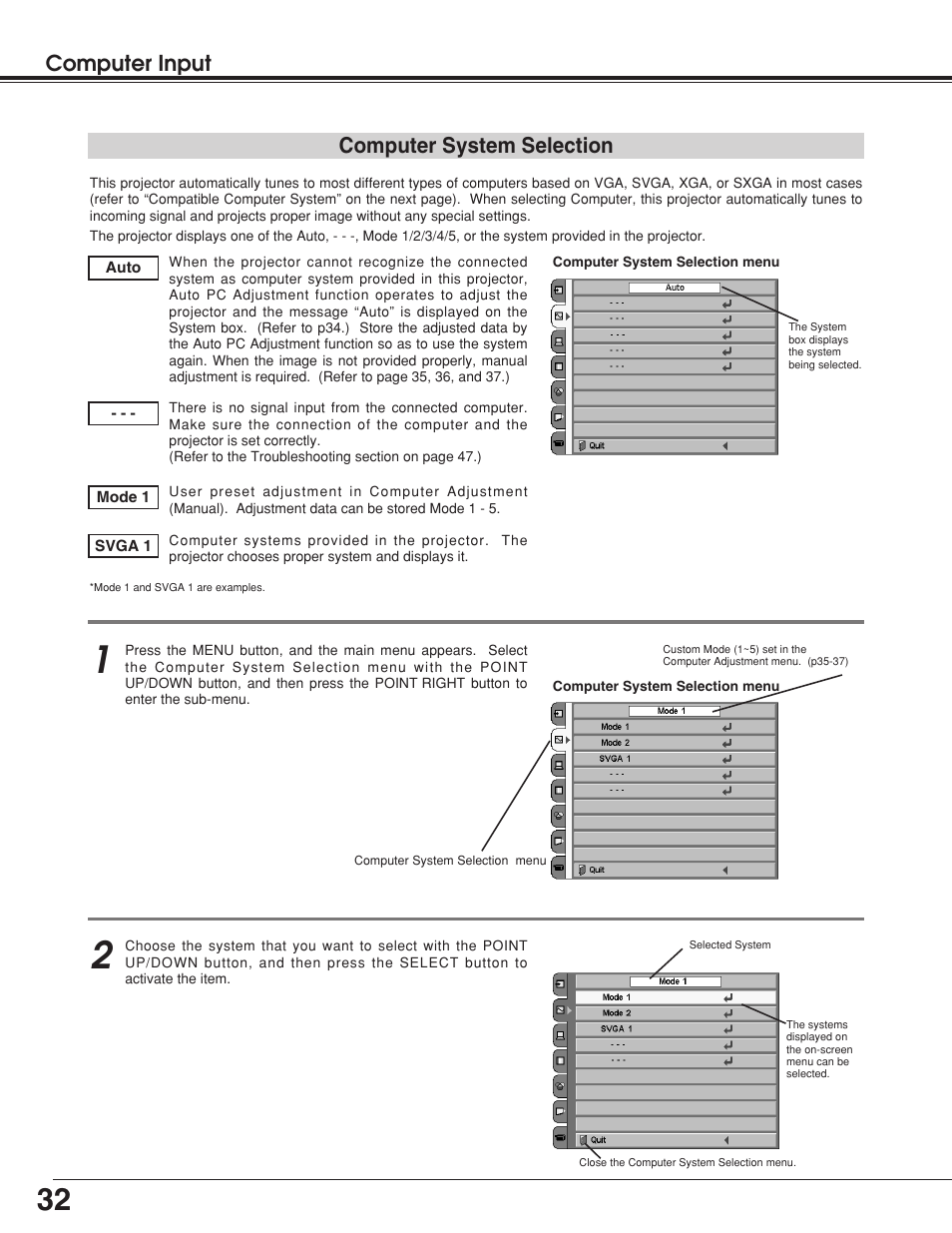 Computer input, Computer system selection | BOXLIGHT Matinee 1HD User Manual | Page 32 / 52