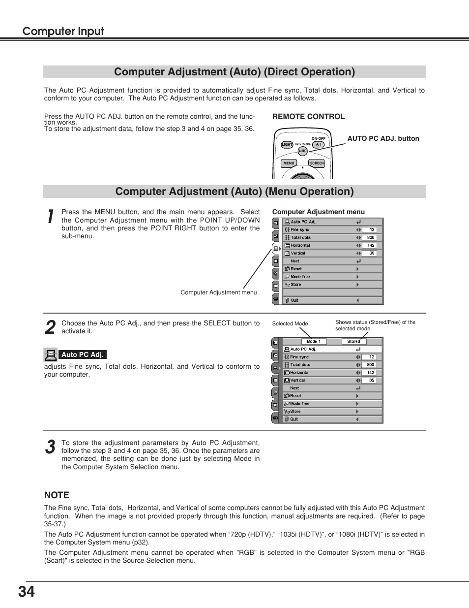 Computer adjustment (auto) (direct operation) | BOXLIGHT Matinee 1HD User Manual | Page 34 / 52