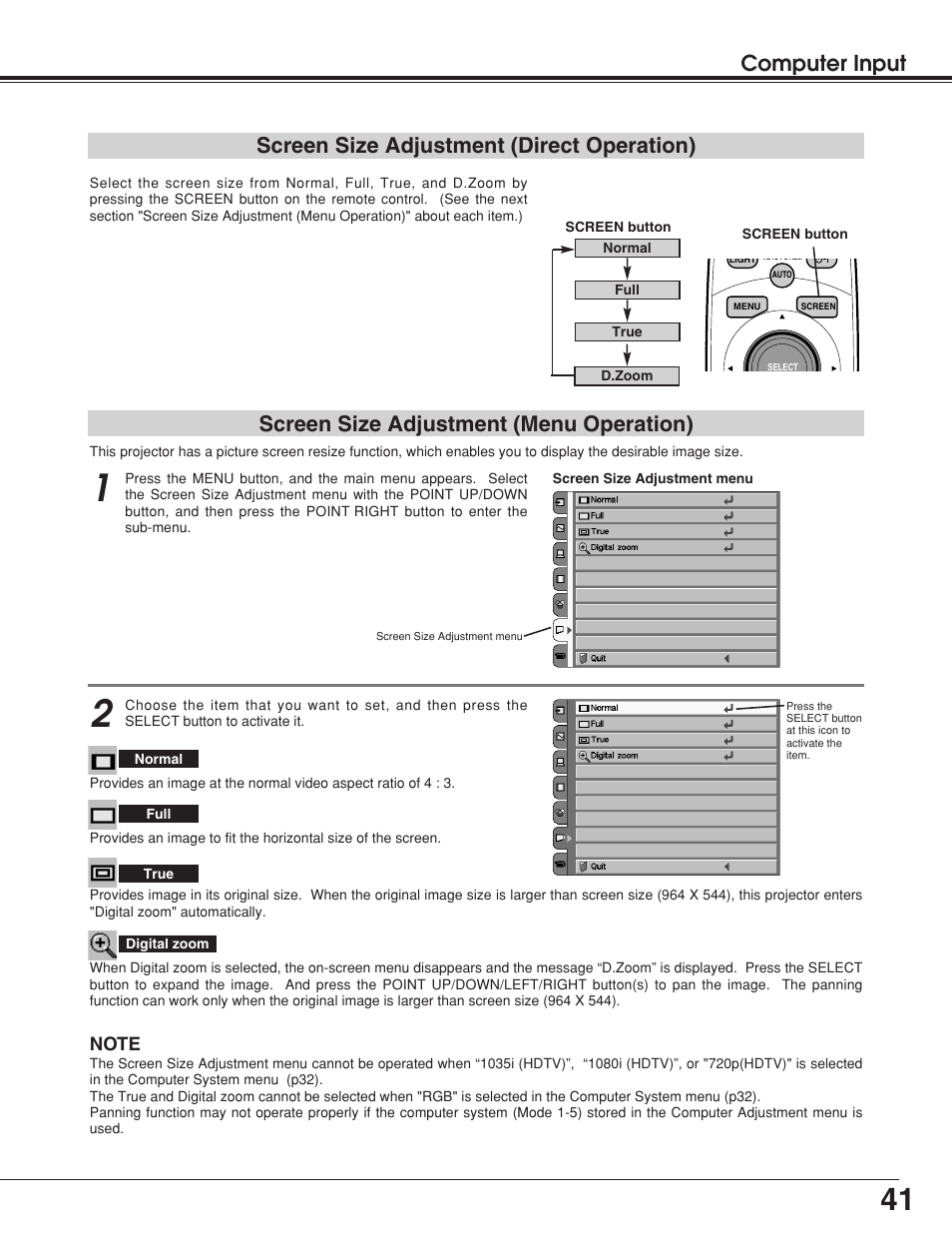 Computer input, Screen size adjustment (menu operation), Screen size adjustment (direct operation) | BOXLIGHT Matinee 1HD User Manual | Page 41 / 52
