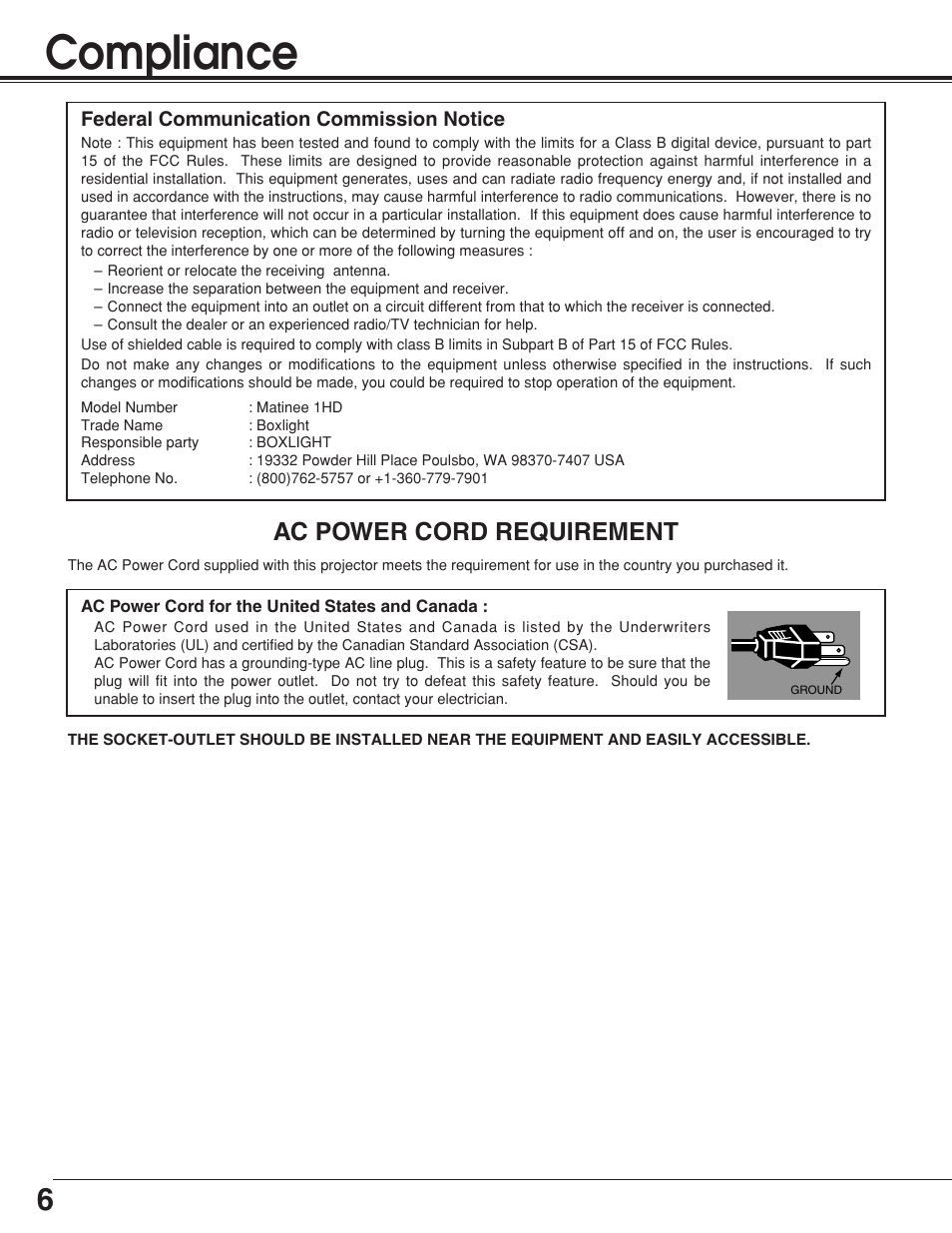 Compliance, Ac power cord requirement | BOXLIGHT Matinee 1HD User Manual | Page 6 / 52