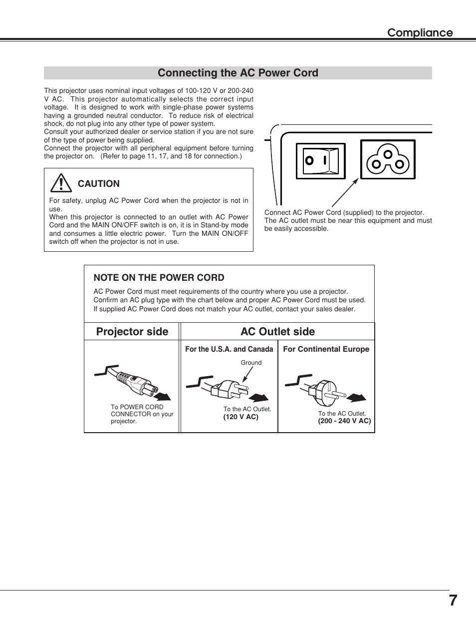 Compliance, Connecting the ac power cord, Projector side ac outlet side | BOXLIGHT Matinee 1HD User Manual | Page 7 / 52
