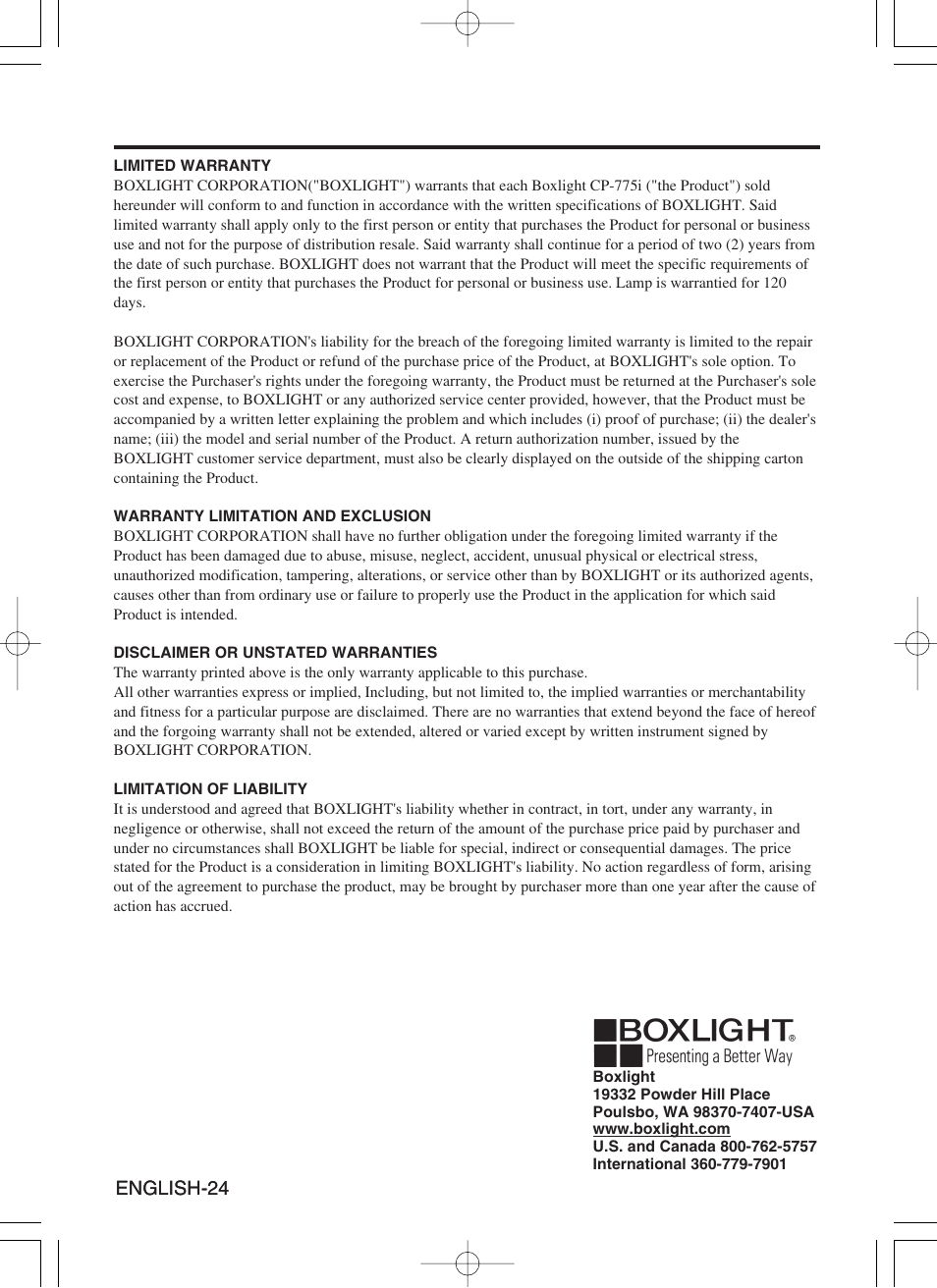 Warranty | BOXLIGHT CP-775i User Manual | Page 25 / 26