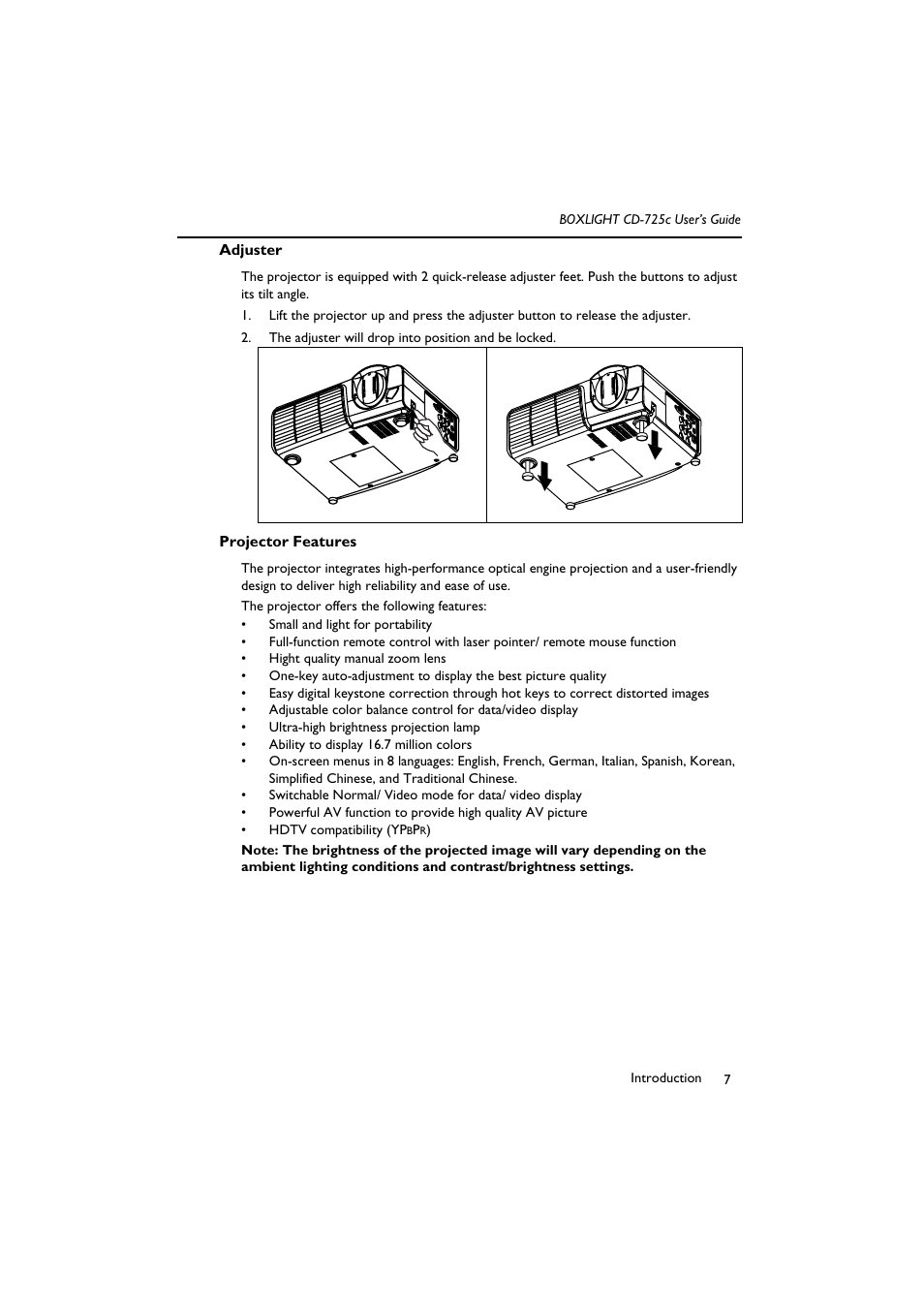 The adjuster will drop into position and be locked, Adjuster projector features | BOXLIGHT CD-725c User Manual | Page 11 / 33