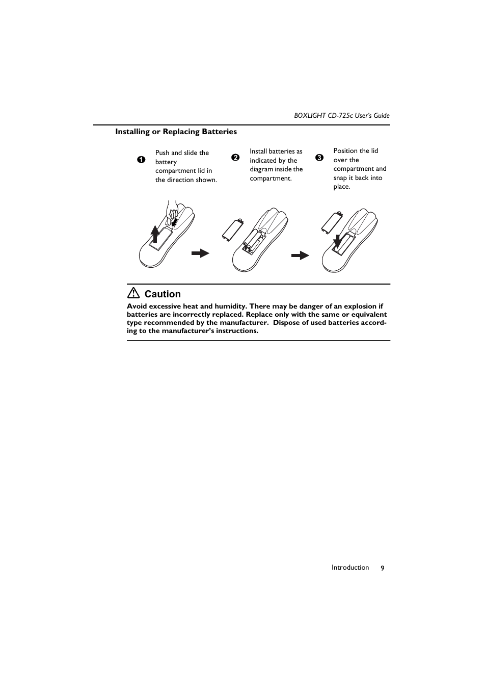 Installing or replacing batteries, Caution | BOXLIGHT CD-725c User Manual | Page 13 / 33