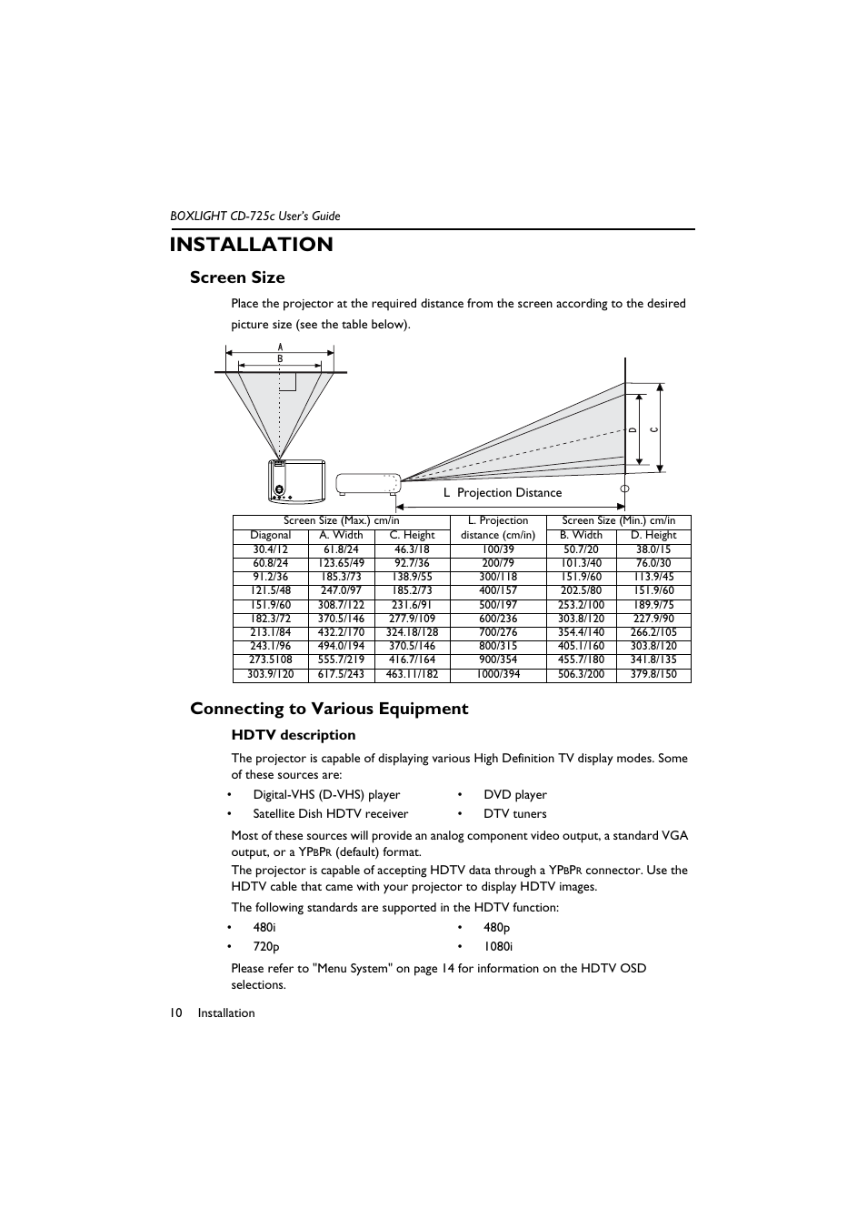 Installation, Hdtv description, Screen size connecting to various equipment | Screen size, Connecting to various equipment | BOXLIGHT CD-725c User Manual | Page 14 / 33