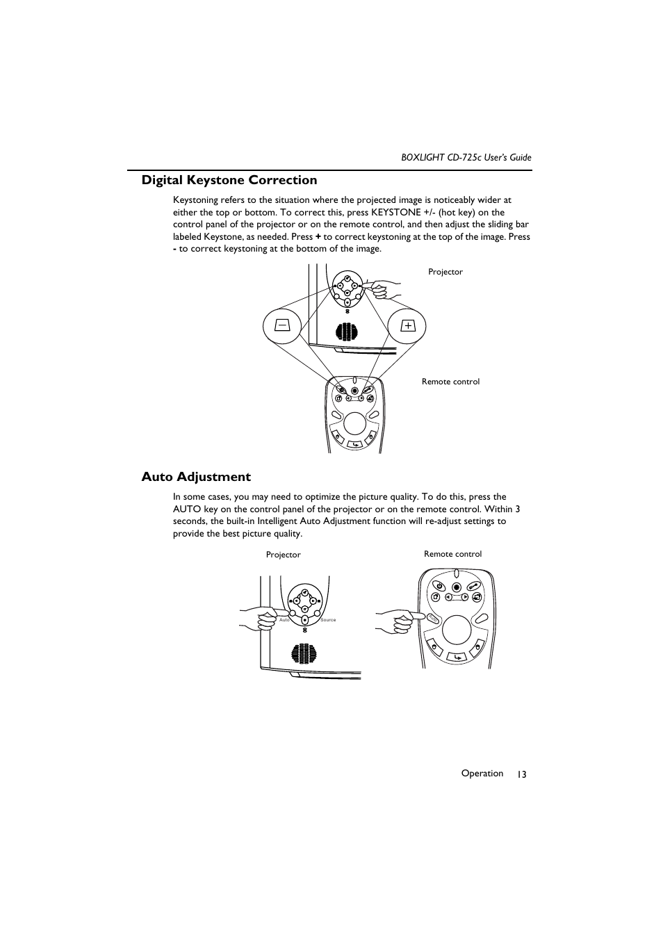 Digital keystone correction auto adjustment, Digital keystone correction, Auto adjustment | BOXLIGHT CD-725c User Manual | Page 17 / 33