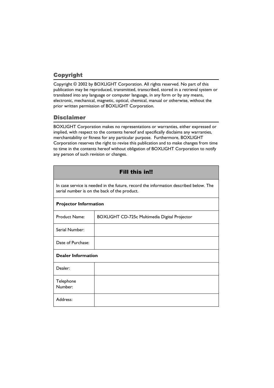 Copyright, Disclaimer, Fill this in | BOXLIGHT CD-725c User Manual | Page 2 / 33