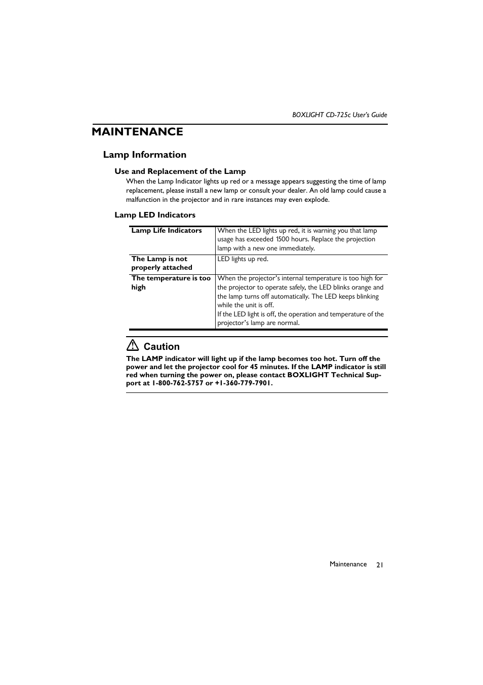 Maintenance, Lamp information, Caution | BOXLIGHT CD-725c User Manual | Page 25 / 33