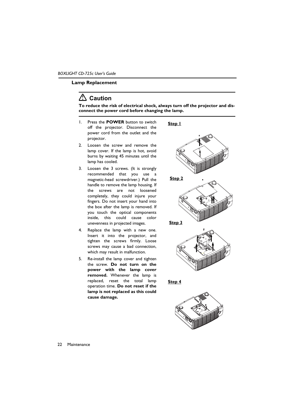 Lamp replacement, Caution | BOXLIGHT CD-725c User Manual | Page 26 / 33