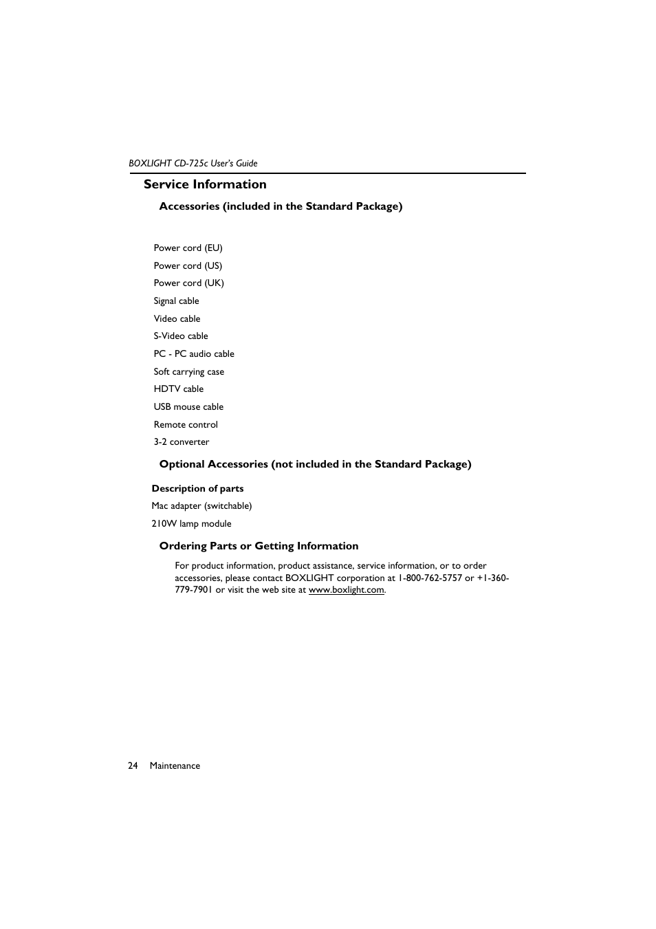 Service information | BOXLIGHT CD-725c User Manual | Page 28 / 33